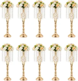 Goldvase für Hochzeits-Mittelstücke, Tischdekoration mit Kronleuchter-Kristallen, Blumenvase, Hochzeit, Blumenständer aus Metall