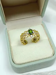 حلقات الكتلة الفضية 925 Diopside Diopside Green Gem المجوهرات عالية الجودة جوفاء جميلة الفاخرة الفاخرة مفتوحة الخاتم هدية الذكرى السنوية