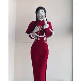 Etnik Giyim Çin Tangsuits Uzun Cheongsam Kadın Yıl Elbise Geliştirilmiş Hanfu Oryantal Kırmızı Vestido Tradikional Qipao