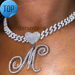 Hbp novo A-z carta cursiva coração pingente gelado para fora cubano colar para mulheres inicial zircon link corrente gargantilha hip hop jóias ju1l