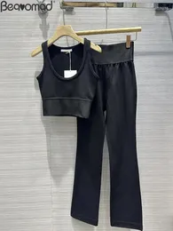 Women's Two Piece Pants Fashion Designer Autumn Black Casual Sports Trousers Suit O-Neck Sleeveless Vest High Waist Slim Pencil