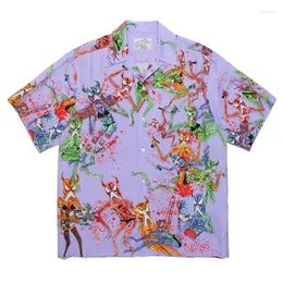 Mäns avslappnade skjortor lätt lila sommar wacko maria hawaiian skjorta graffiti kort ärmhet andas lapel män kvinna utomhus streetwear