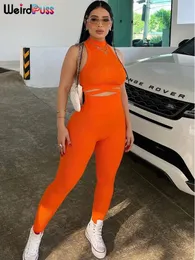 Weird Puss Ribbed Women 2 Piece Set Tracky Stretchy Sporty Irregular Tank Topslegings Matching Streetwear Skinny Outfits 240124