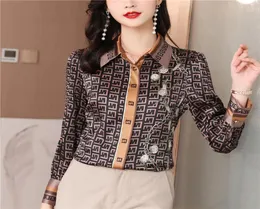 2022 Moda İpek Baskı Kahverengi Gömlek Kadınlar Uzun Kollu Yakası Düğmesi Tasarımcı Blouses İlkbahar Sonbahar Ofis bayanlar Gömlekler Pist Woma8530310