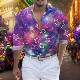 Camisas casuales para hombres para hombre Mardi Gras Glitter Star Print Tie-Dye Top Carnival Party Manga larga Solapa Botón Blusa Ropa hawaiana