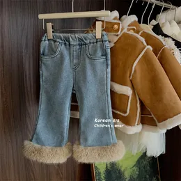 Pantaloni in pile da ragazza Pantaloni svasati in jeans di lana e cashmere con cuciture ai piedi dei nuovi bambini invernali