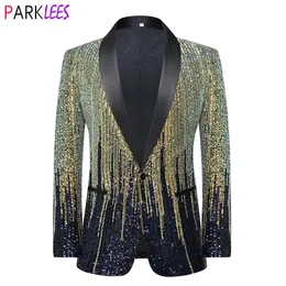 Giacca da uomo con paillettes scintillanti a righe giacca blazer con scialle bavero con un bottone blazer da uomo party in scena prom matrimonio smoking cotume 240124