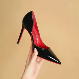 Dress Shoes Side Empty Red Black High-heeled Shoes Women's New Sexy Temperament NighTClub Pointed Patent Leather Shallow Single Shoes