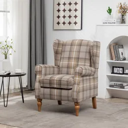 Modern Accent Chair with Retro Wood Legs, Comfy Upholstered Armchair,Tantan Check Design Single Sofa Chair for Living Room Bedroom Office