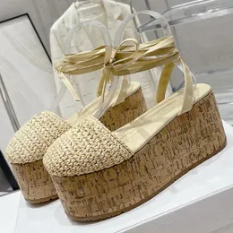 Sandali Sandalo Donna Estate Unico Intreccio Fatto A Mano Piattaforma Superiore Punta Avvolgente Fondo Spesso Scarpe Femminili Moda Retro Fata