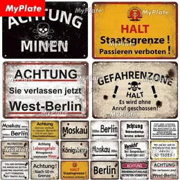 Metal Painting Vintage ACHTUNG HALT War Metal Signs Berlin Tin Sign Plaque Metal Plate Wall Decor For Pub Club Man Cave Plate Bar Decoration