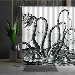 Cortinas de chuveiro polvo cortinas de chuveiro vida marinha preto branco tentáculo tartaruga hipocampo dos desenhos animados animal impressão decoração do banheiro cortinas de tecido