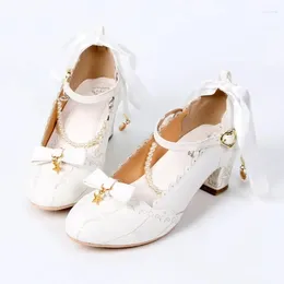 Scarpe eleganti Harujuku Sweet Lolita Catena di perle Bowknot Stella marina Conchiglia Principessa Kawaii Sandali a testa tonda Donna Loli Wear