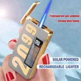 Çakışlar Yeni Yaratıcı Şeffaf Transom Şişirilebilir Güneş Şarj Edilebilir Metal Çakır Jet Alev Puro Gaz Çakmak Erkek Hediyesi YQ240124