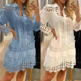 Casual Dresses 2024 Women's Lace Hollow Spliced Shirt Two Piece Set With Internal Hanging Straps Anti Glare Dress