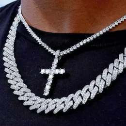 2st/Set Iced Out Cross Pendant Tennis Chain 14k Gold Necklace för män med 14 mm Miami kubanska länkhalsband Hip Hop Jewelry Gift 79pm