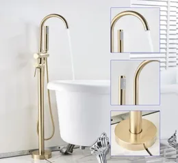 Матовый золотой смеситель для ванны, напольная подставка, смеситель с одной ручкой, вращающийся на 360 градусов излив с ручным душем из АБС-пластика, смеситель для ванны Shower3802719
