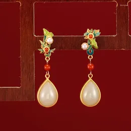 Orecchini pendenti in stile cineserie Perla vintage Smalto di giada Goccia d'acqua rossa del sud per le donne Festa Cheongsam Regalo fidanzata