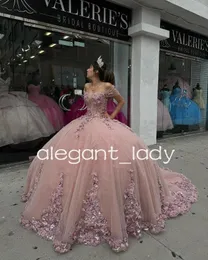 روز الوردي اللامع الأميرة Quinceanera فساتين قبالة الكتف 3D الأزهار المزيج مشد