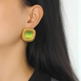 Pendientes clásicos de color verde matcha, tendencia de personalidad europea y americana, pendientes cuadrados de piedra natural de nicho, pendientes de acero inoxidable de estilo fresco