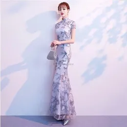 Ethnic Clothing 2024 Chinese Cheongsam Short-sleeved Improved Dress Long Fishtail Style Elegant Sexy Qipao Women Party S26