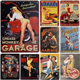 Metallmalerei, Pin-up-Girls, Tankstelle, Motorrad, Full-Service, gefettet, Route 66, Autoreparatur, Metallblechschilder, ländliche Vintage-Garage, Kneipe, Bar