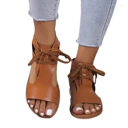 Sandálias Senhora Sapatos Verão Gladiador Roman Casual Open Toe Lace Up Outdoor Flat Sandal para Mulheres Zapatos Mujer
