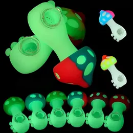 Cogumelo de 6,7 polegadas de silicone cachimbo de cachimbo de silicohes brilhando em acessórios para fumantes escuros com tigela de vidro de 14 mm pequeno bubbler de erva seca tubos de queimadores de tabaco