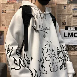 Erkek Hoodies Sweatshirts Kpop Retro Flame Baskı Kore Versiyonu INS HARAJUKU BF Stil Street Hip-Hop Gevşek Artı Erkek ve Kadınlar İçin Kadife
