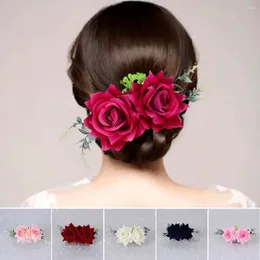 Grampos de cabelo romântico headpiece duplo seda nupcial acessórios de casamento rosa flor pente clipe
