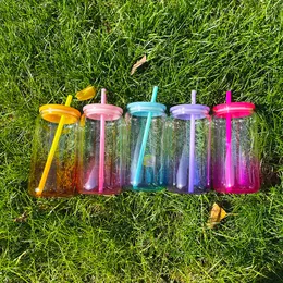 Il vetro gelatinoso riutilizzabile colorato sfumato da 16 once può sublimare il vuoto in vetro borosilicato ad alto contenuto di BPA con coperchi in plastica colorata per involucri UV DTF