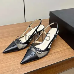 2024 eleganti sandali da donna in vera pelle con impunture in maglia 5,5 cm tacco alto sandali di marca decorazione classica con fiocco scarpe a punta scarpe di design di lusso
