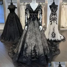 A-Line Wedding Dresses Gothic Black Lace A Line Dress Long Sleeve V-Neck Vintage Bridal Gowns Appliques Country Bride Custom Made Ve Dhrix