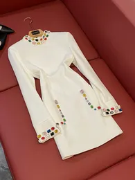 2024 Spring White / Black Solid Color Rhinestone Beaded Dress Long Sleeve Stand Collar Short Casual Dresses O4J192777 Plus Size XXL