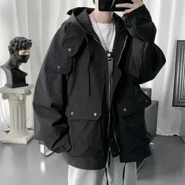 Vestes pour hommes Automne Hiver Cargo Veste Hommes Haute Qualité Japon Style À Capuche Fermeture À Glissière Muti-Poches Solide Couleur Streetwear Jacktes