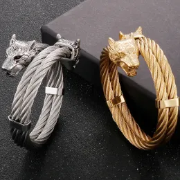 Viking Wolf Head Twisted Cable Open Cuff Bangle Bracelet For Men 14k Yellow Gold Mens Bracelets Punk Rock Jewellery Accessories