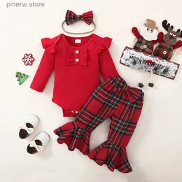 Zestawy odzieżowe Baby Girls Christmas Ubrania Dzieci Stroje Romper z długimi rękawem z kratą Flare Pants i Bow Head Pałąk Sets