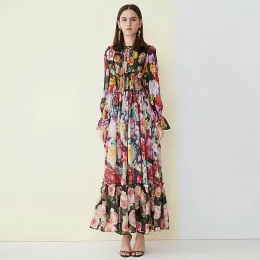 Langes Kleid Frühling Herbst Hohe Qualität Neue Frauen Mode Party Sexy Boho Strand Vintage Chic Blumendruck Stretch Chiffon Kleider