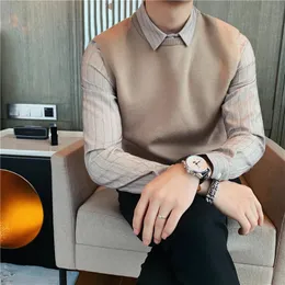 Varumärkeskläder Män högkvalitativ stickad tröjor/Slim Fet Fake Two Piece Knit Shirts Striped Shirt Plus Size S-4XL 240124