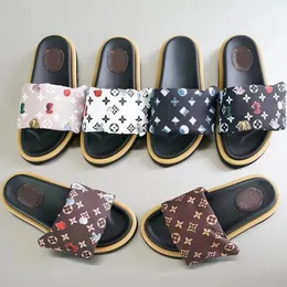 Damen-Mode-Slide-Designer-Schuhe, Hausschuhe, Marken-Mann-Slides, schwarze flache Sandalen mit Pool-Kissen, Sonnenuntergang, gepolsterter Vorderriemen, Mules Größe 35–42 mit Box