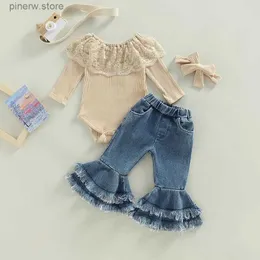 Комплекты одежды Lioraitiin, детский комбинезон из 2 предметов для девочек от 0 до 24 месяцев, костюм с длинными рукавами и круглым вырезом, кружевной комбинезон, топы, джинсовые брюки-клеш, повязка на голову