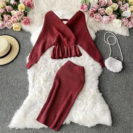 Yuoomuoo Women Dress Set Autumn Winter Fashion Y2K Ruffled Shining Tops Tops Skinny Clister Christmas Red Party Clothing 240123