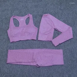 Roupas de yoga 3 pçs roupas esportivas mulheres ginásio roupas conjunto manga longa fitness colheita superior sem costura energia leggings esporte sutiã femme