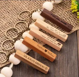 Keychains Beech Wood Customized Engraved Rectangle Wooden Key Chain Personalized Keyring Pendant Business Logo Home Gifts