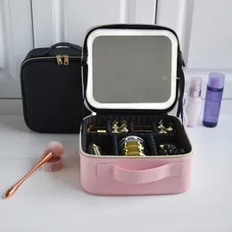 Intelligente LED-Make-up-Tasche für Damen mit Spiegelfächern, wasserdichte Reise-Kosmetiktasche aus PU-Leder 240124