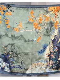 Шарфы Birdtree, натуральный шелк, жаккардовый шарф в китайском стиле, подарок маме, цветение сливы, орхидея, пейзаж, квадрат, весна 2024, A3D909QC