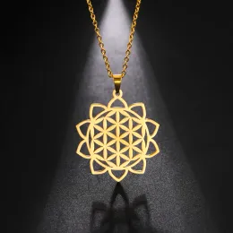 Chakra Flor da Vida Colares para Mulheres Amuleto 14k Ouro Amarelo Corrente de Pescoço Geometria Sagrada Flor Mandala Joias Presente