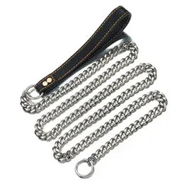 Dog Collars Luxury Stainless Steel Pet Chain Traction Traction Rope Leather Handle 1.2mの長さの統合チェーンドロップDeli Homefavor Dhfkb