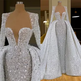 Sparking See Through Abiti da sposa a sirena Paillettes Perline Scollo a V Abiti da sposa Custom Made Dubai Treno staccabile Vestido de novia