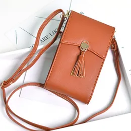 Mulheres Bolsa de celular de celular Ajuste Strap longa ombro único Cross Body Bolsa Tassels Galte de Coupa de Couro Pu Mini Solid264j